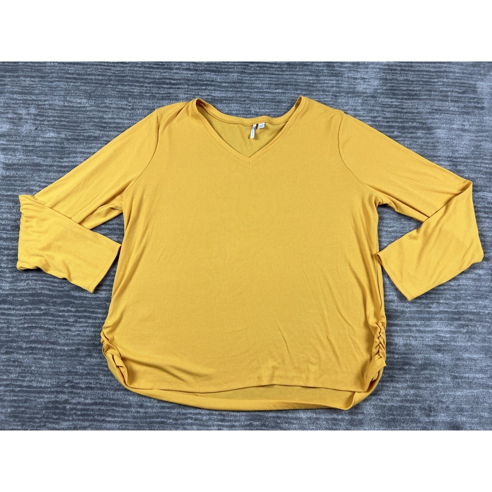 Cato Top Womens 26/28W Mustard Yellow Ribbed Knit V-Neck Side Ruched Long Sleeve